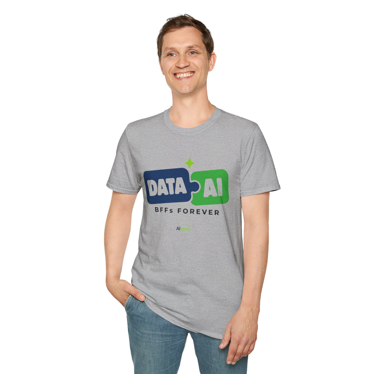 AIronic T-Shirt featuring "Data + AI BFFs Forever" AI humor design, gallery view 17