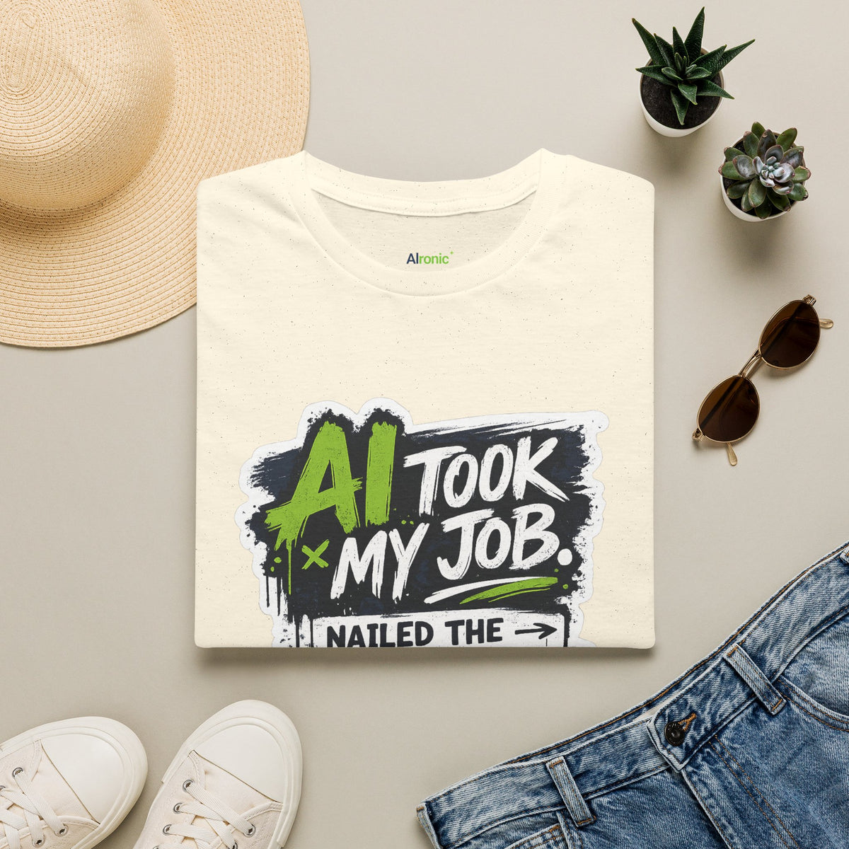 Natural T-Shirt featuring "AI Took My Job - Nailed Exit Interview" AI humor design by AIronic, gallery view 6