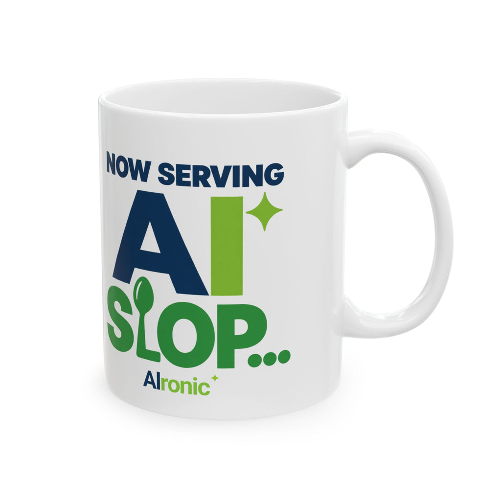 AIronic mug featuring "Now Serving AI Slop" AI humor design, gallery view 5