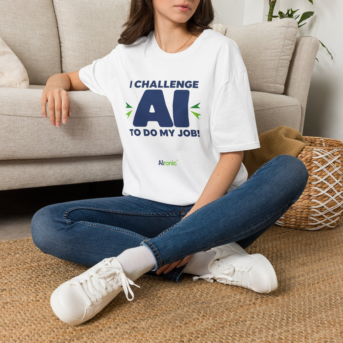 T-shirt featuring "I Challenge AI to Do My Job" by AIronic, product view 13