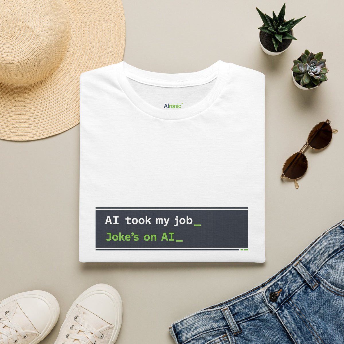 T-Shirt featuring "AI Took My Job - Joke’s on AI" AI humor design by AIronic, gallery view 13