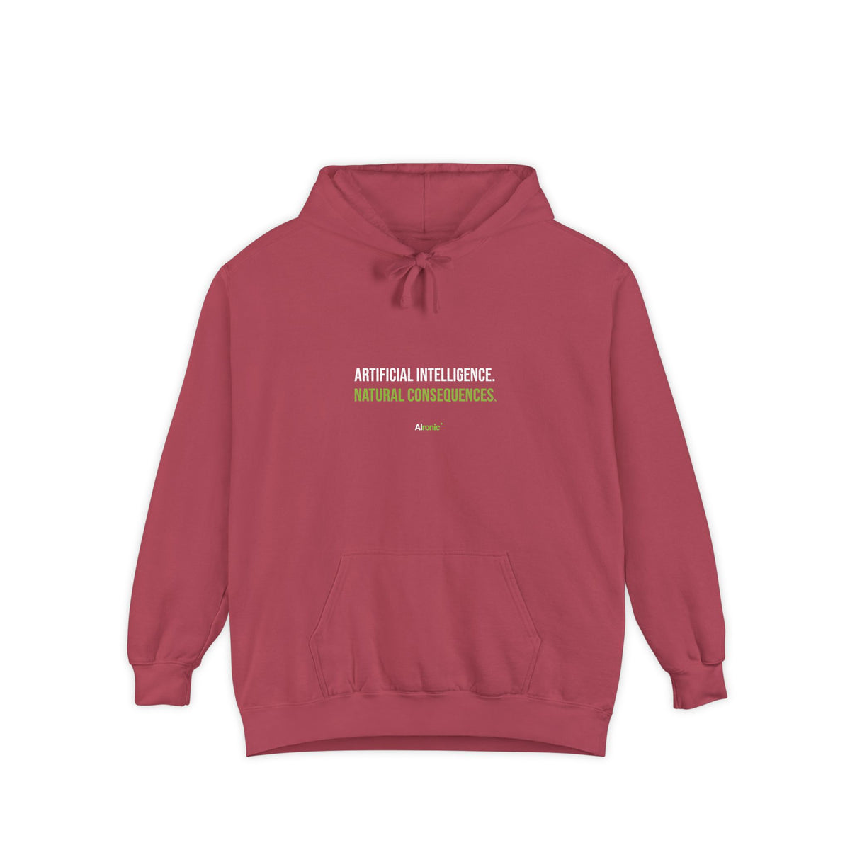 Crimson hoodie featuring “Artificial intelligence. Natural consequences.” AI humor design by AIronic, catalog view 1