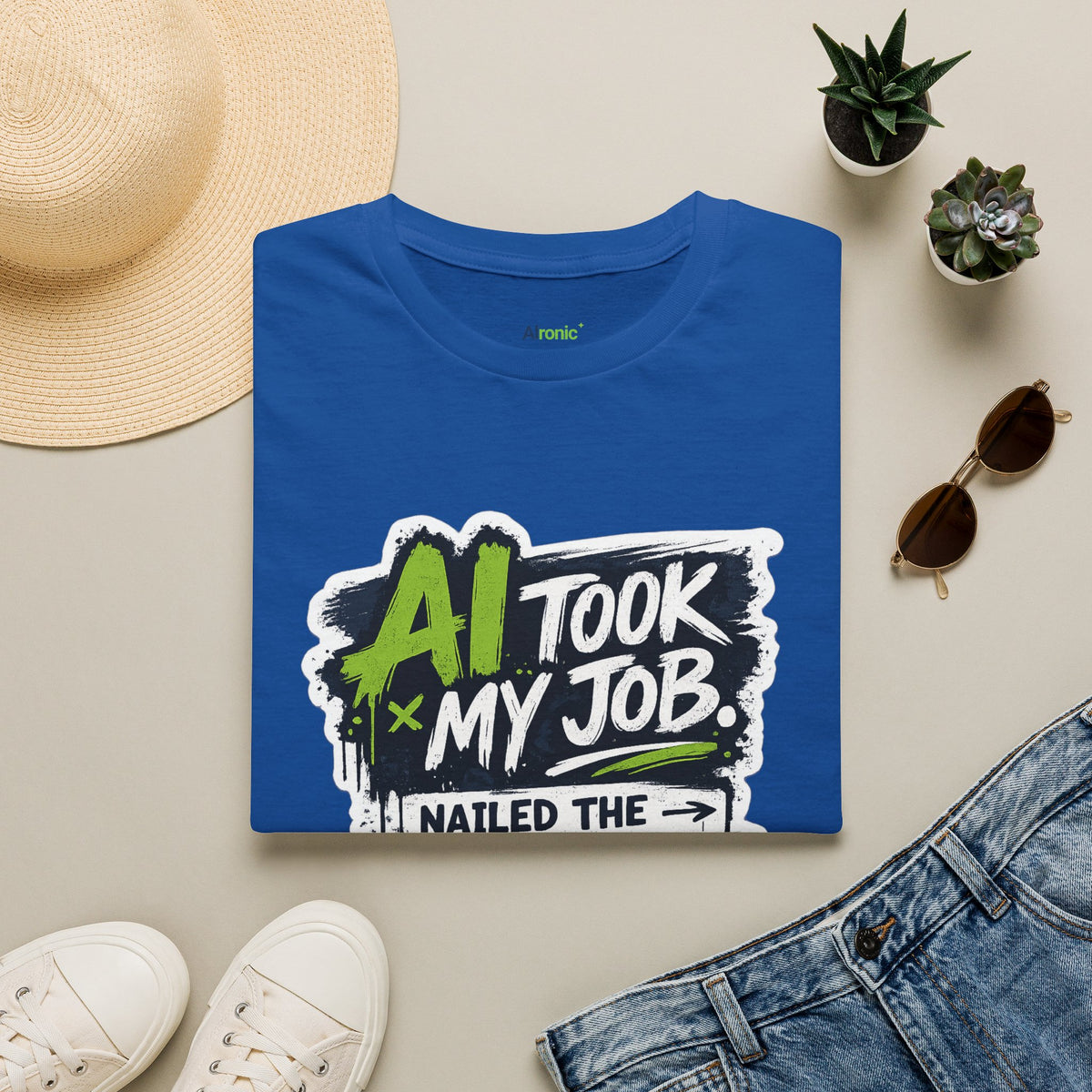 Royal T-Shirt featuring "AI Took My Job - Nailed Exit Interview" AI humor design by AIronic, gallery view 8