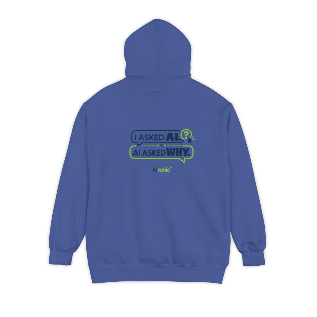 Pepper hoodie featuring “I asked AI. AI asked why” AI humor design by AIronic, catalog view 4