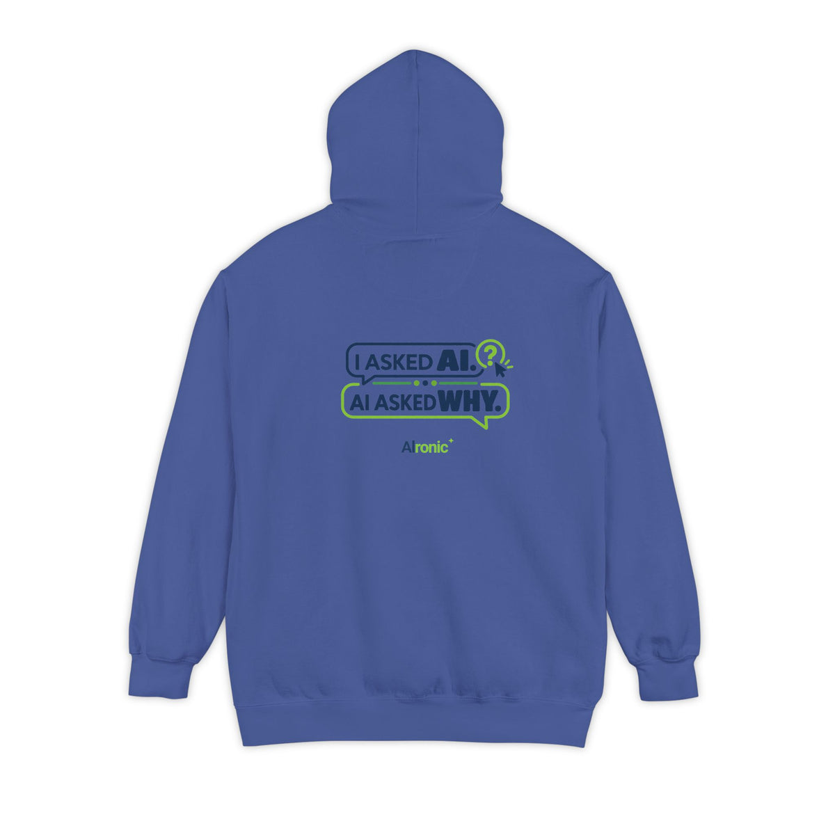 Pepper hoodie featuring “I asked AI. AI asked why” AI humor design by AIronic, catalog view 4