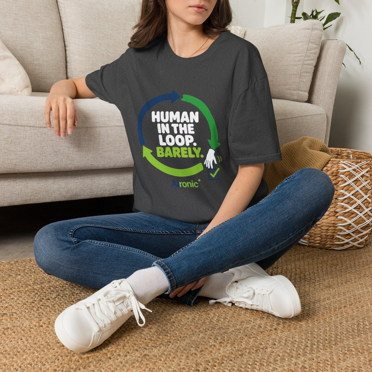 Dark Heather T-Shirt featuring "Human in the Loop. Barely." AI humor design by AIronic, gallery view 8