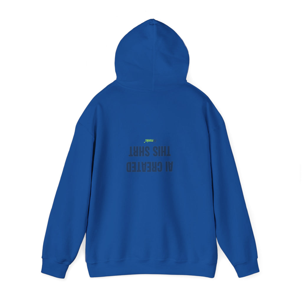 Black hoodie featuring minimal “AI created this shirt” AI humor design by AIronic, catalog view 4
