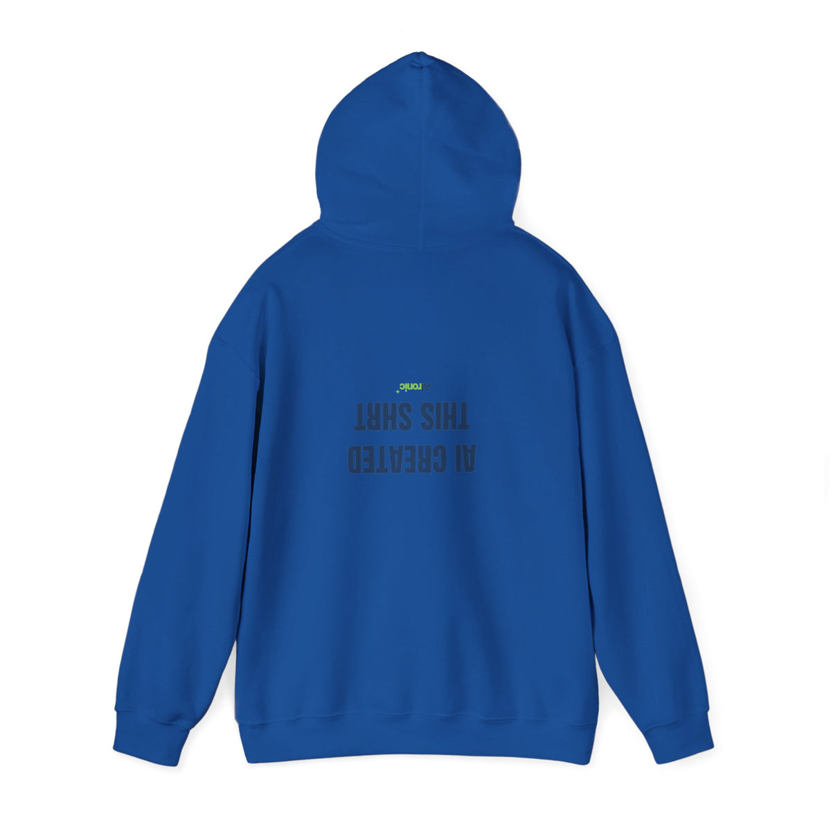 Black hoodie featuring minimal “AI created this shirt” AI humor design by AIronic, catalog view 4