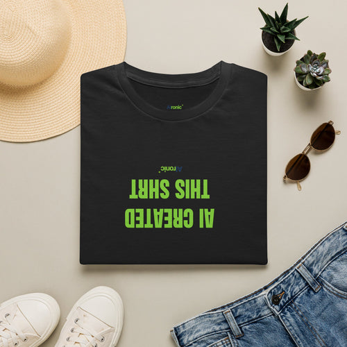 Black T-Shirt featuring "AI Created" AI humor design by AIronic, gallery view 2