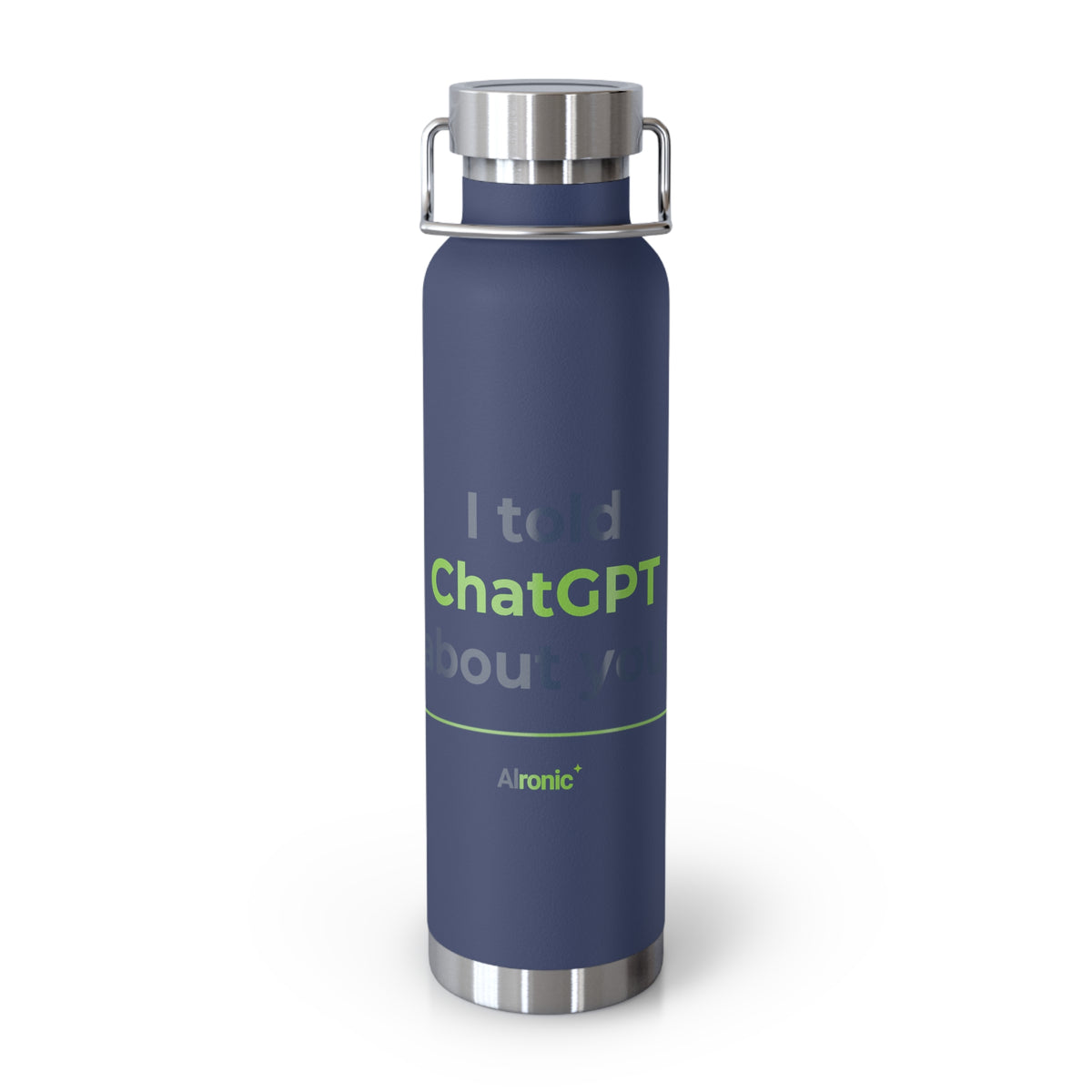 Navy Water Bottle featuring "I Told ChatGPT About You" AI humor design by AIronic, gallery view 8