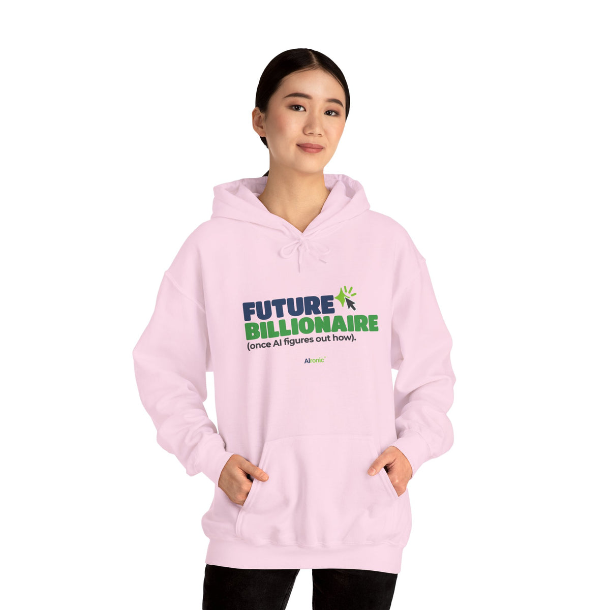 Dark Heather hoodie featuring “Future billionaire, once AI figures out how” AI humor design by AIronic, catalog view 5