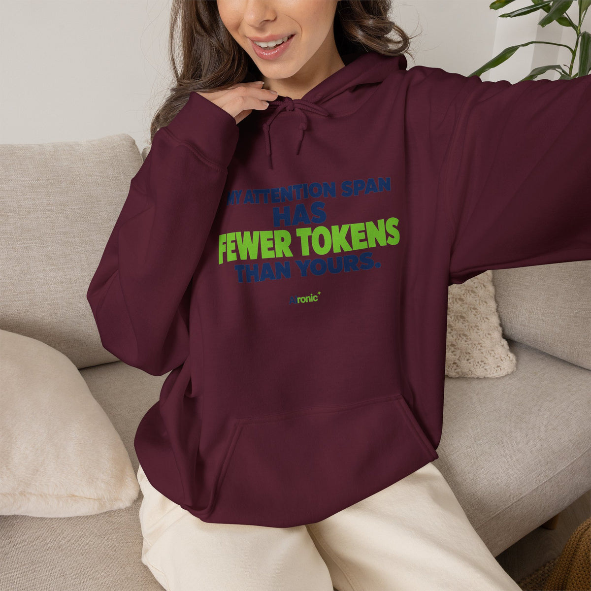 AIronic Hoodie featuring "My Attention Span Has Fewer Tokens Than Yours" AI humor design, gallery view 20