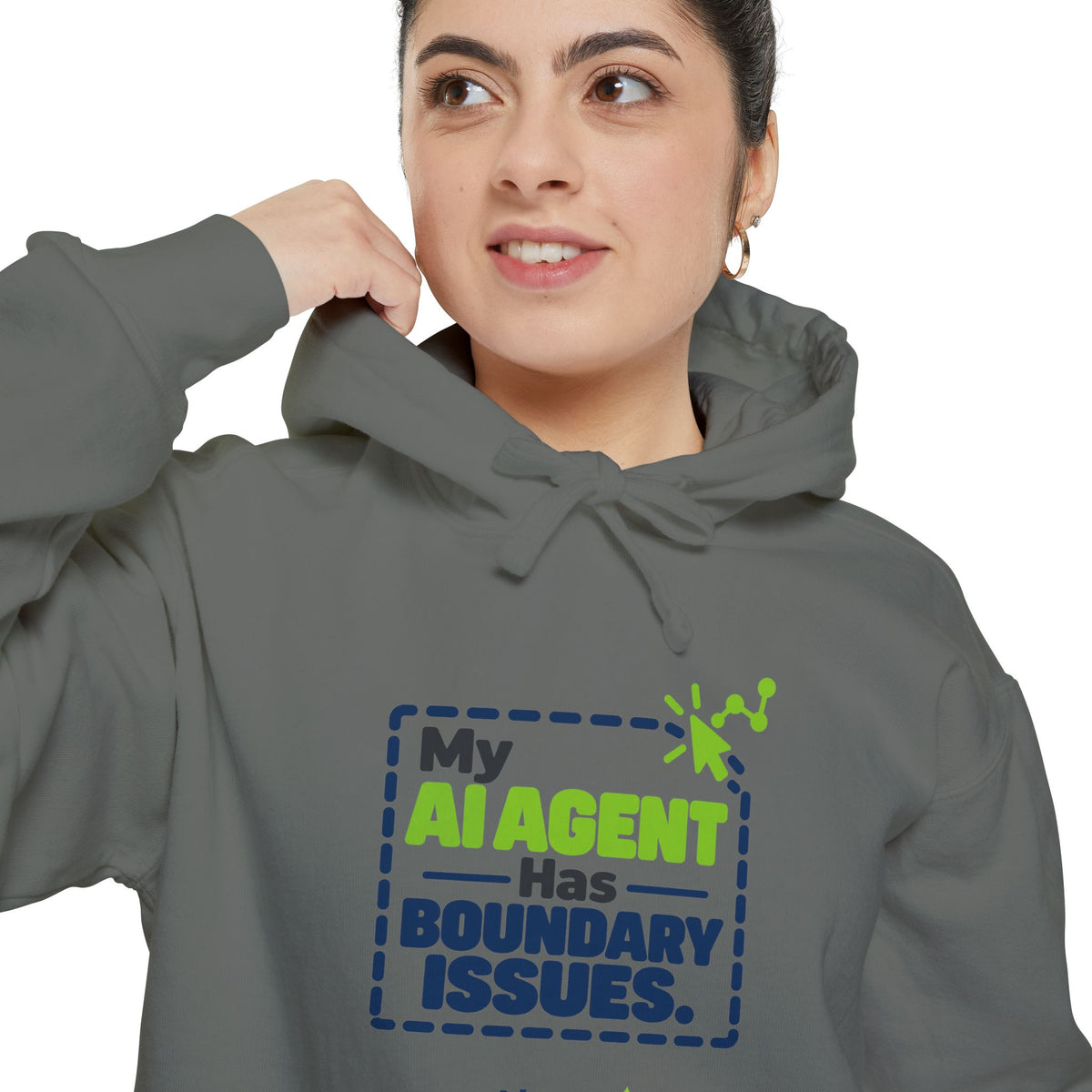 White hoodie featuring “My AI agent has boundary issues” AI humor design by AIronic, catalog view 3