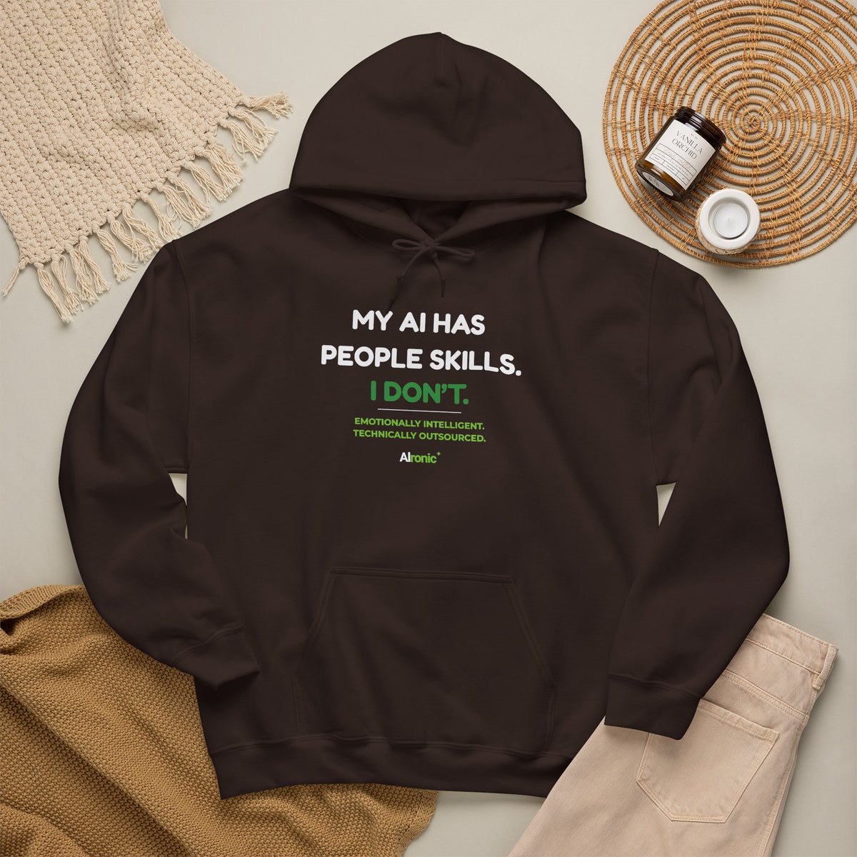 Hoodie featuring “My AI Has People Skills. I Don't.” AI humor design by AIronic, gallery view 29