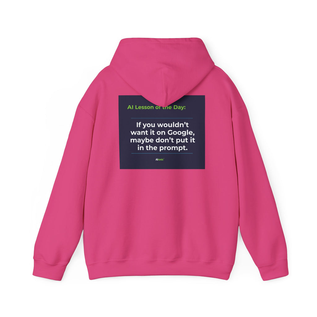 Hoodie featuring "Google Prompt Privacy" AI humor design by AIronic, gallery view 39