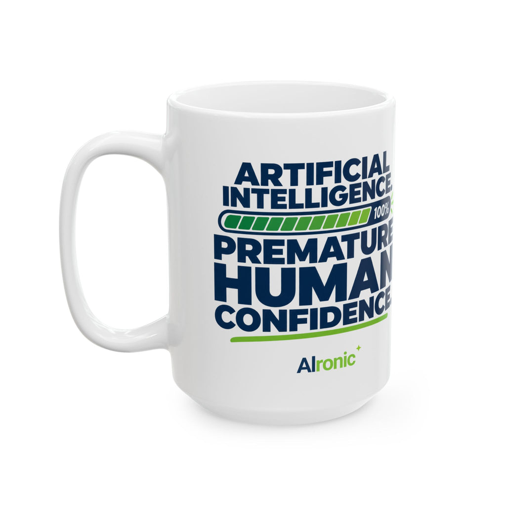 AIronic mug featuring "Premature Human Confidence" AI humor design, gallery view 7