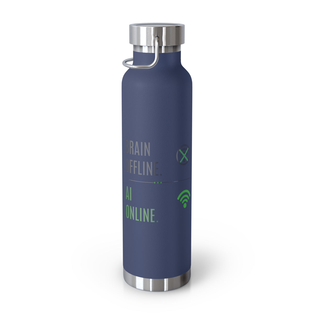 Navy Water Bottle featuring "Brain Offline, AI Online" AI humor design by AIronic, gallery view 8