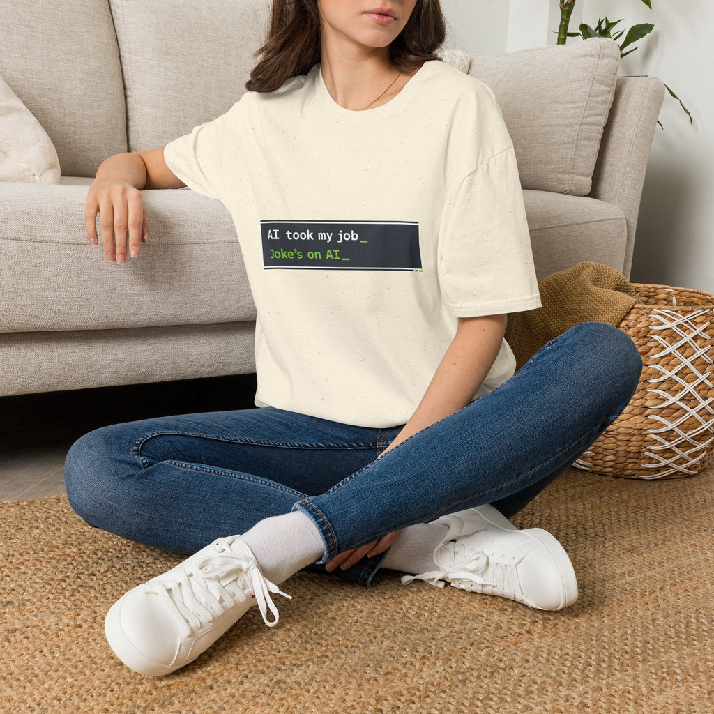 T-Shirt featuring "AI Took My Job - Joke’s on AI" AI humor design by AIronic, gallery view 28