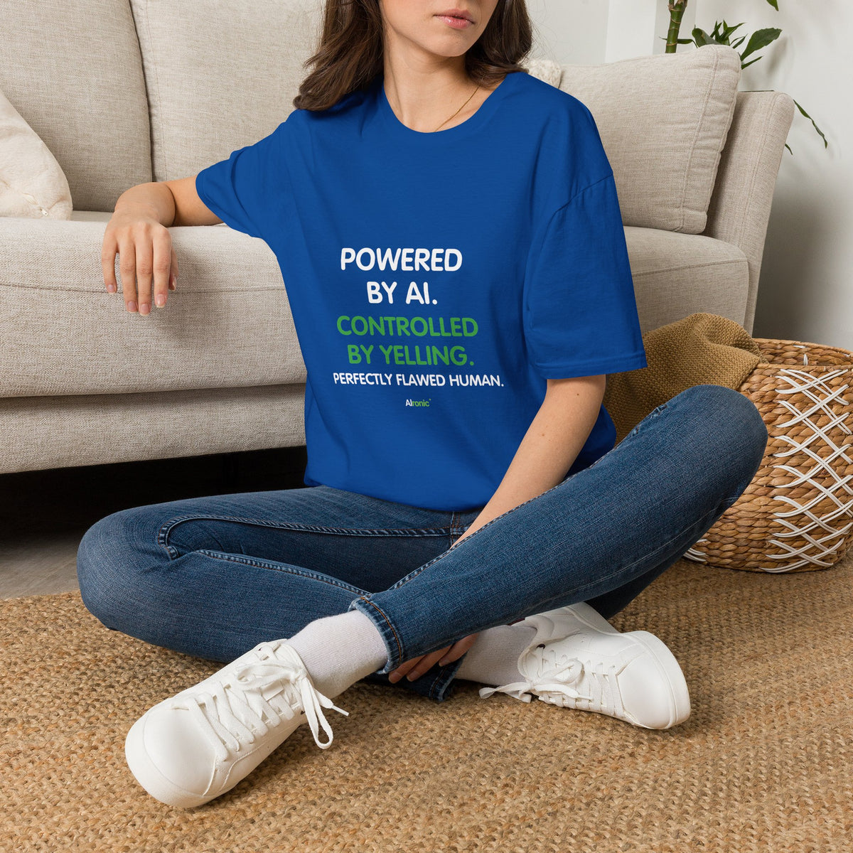Royal T-Shirt featuring "T-Shirt — "Powered by AI. Controlled by Yelling." Grap…" AI humor design by AIronic, gallery view 9