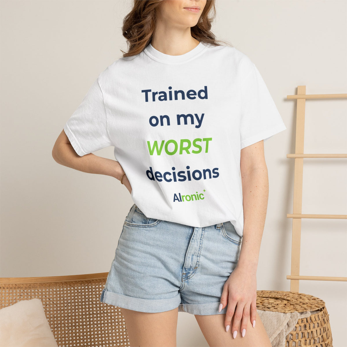 T-Shirt featuring "Worst Decisions Sarcastic" AI humor design by AIronic, gallery view 4