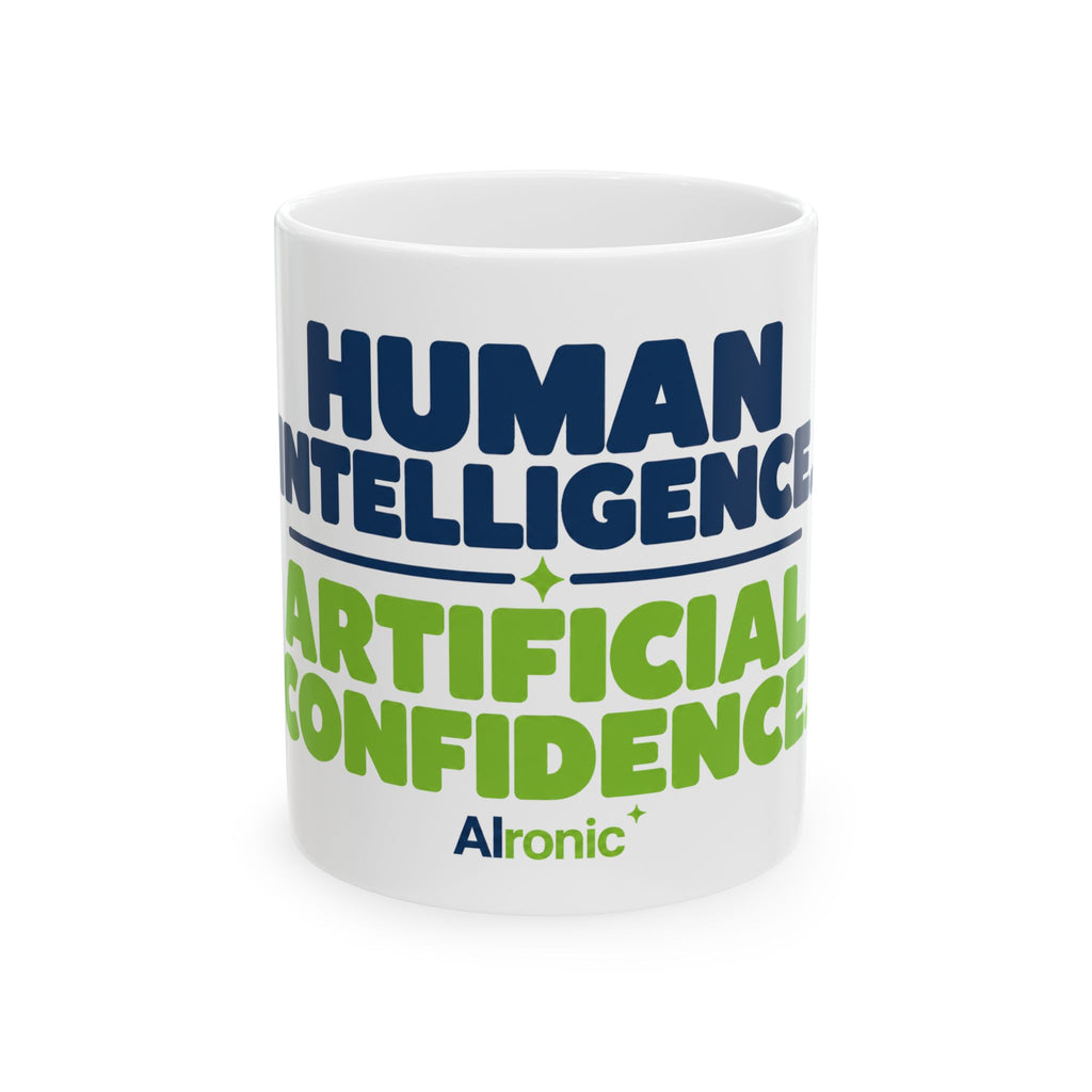 Mug featuring "Human Intelligence. Artificial Confidence." AI humor design by AIronic, gallery view 1