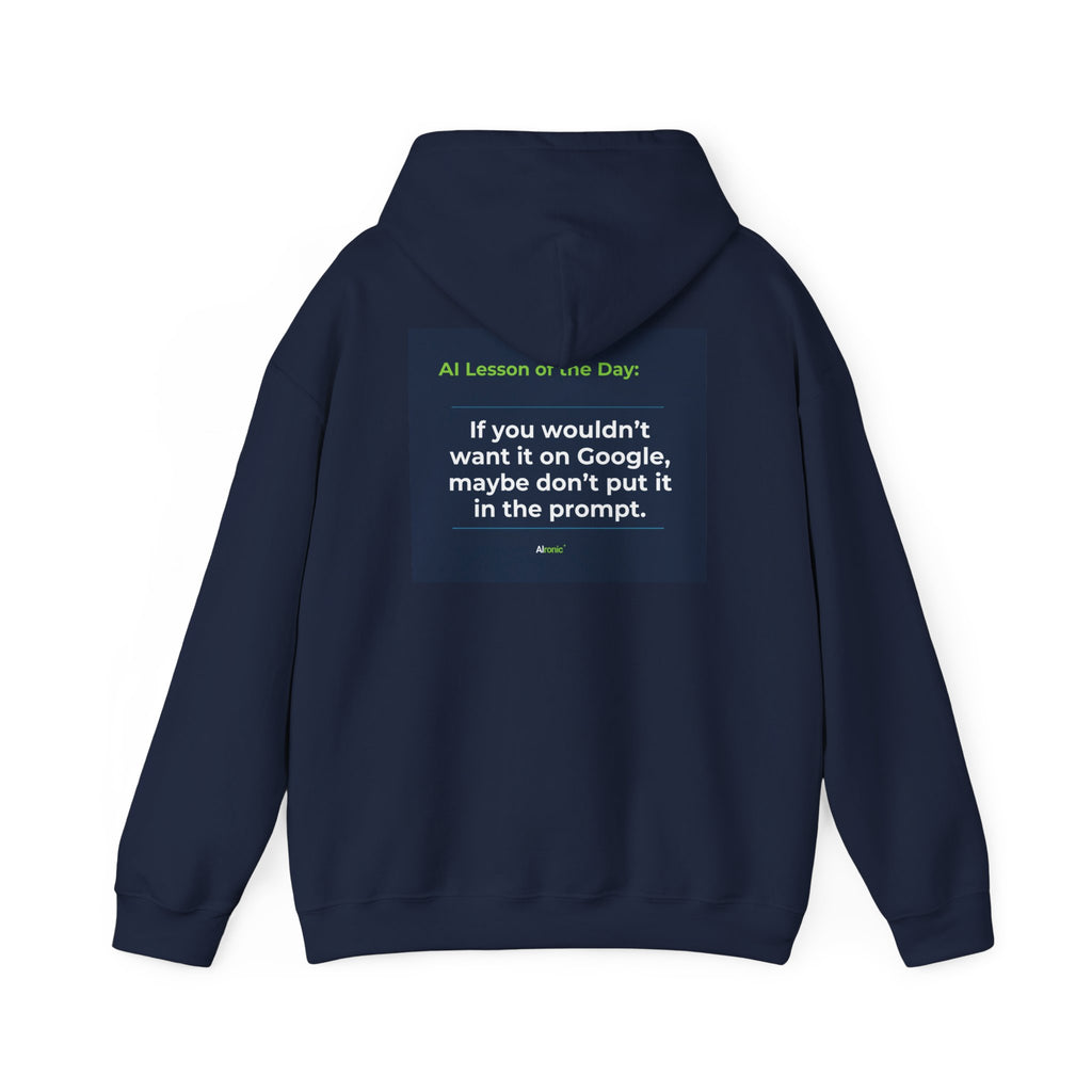 Hoodie featuring "Google Prompt Privacy" AI humor design by AIronic, gallery view 33