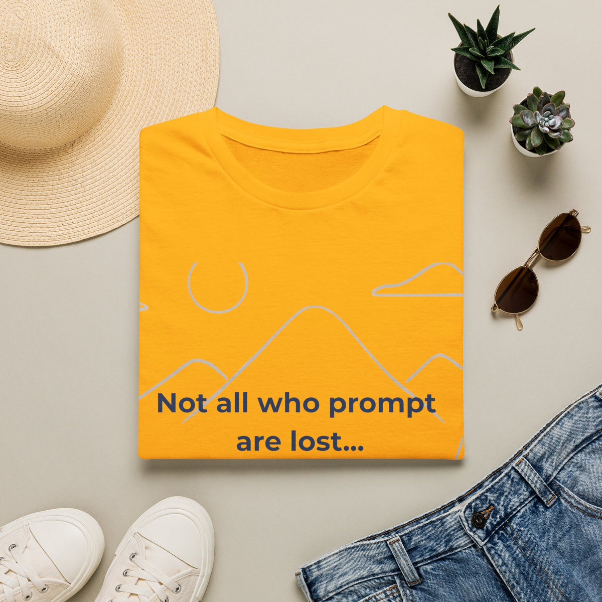 Gold T-Shirt featuring "Not All Who Prompt Are Lost Scenic" AI humor design by AIronic, gallery view 5