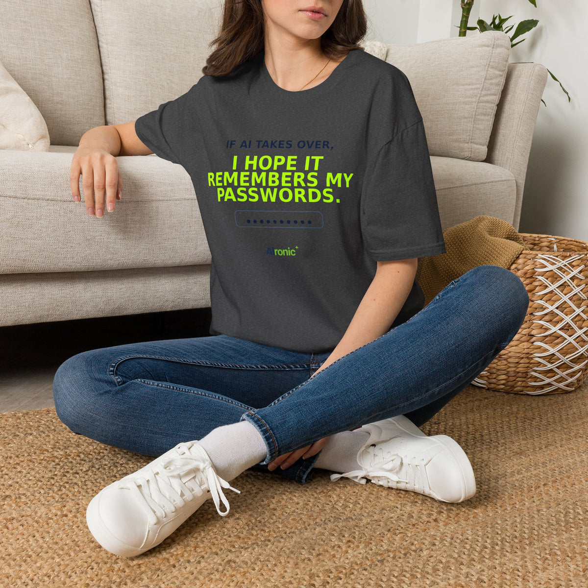 Model wearing Dark Heather T-shirt with "I hope AI remembers my passwords" AI humor design by AIronic
