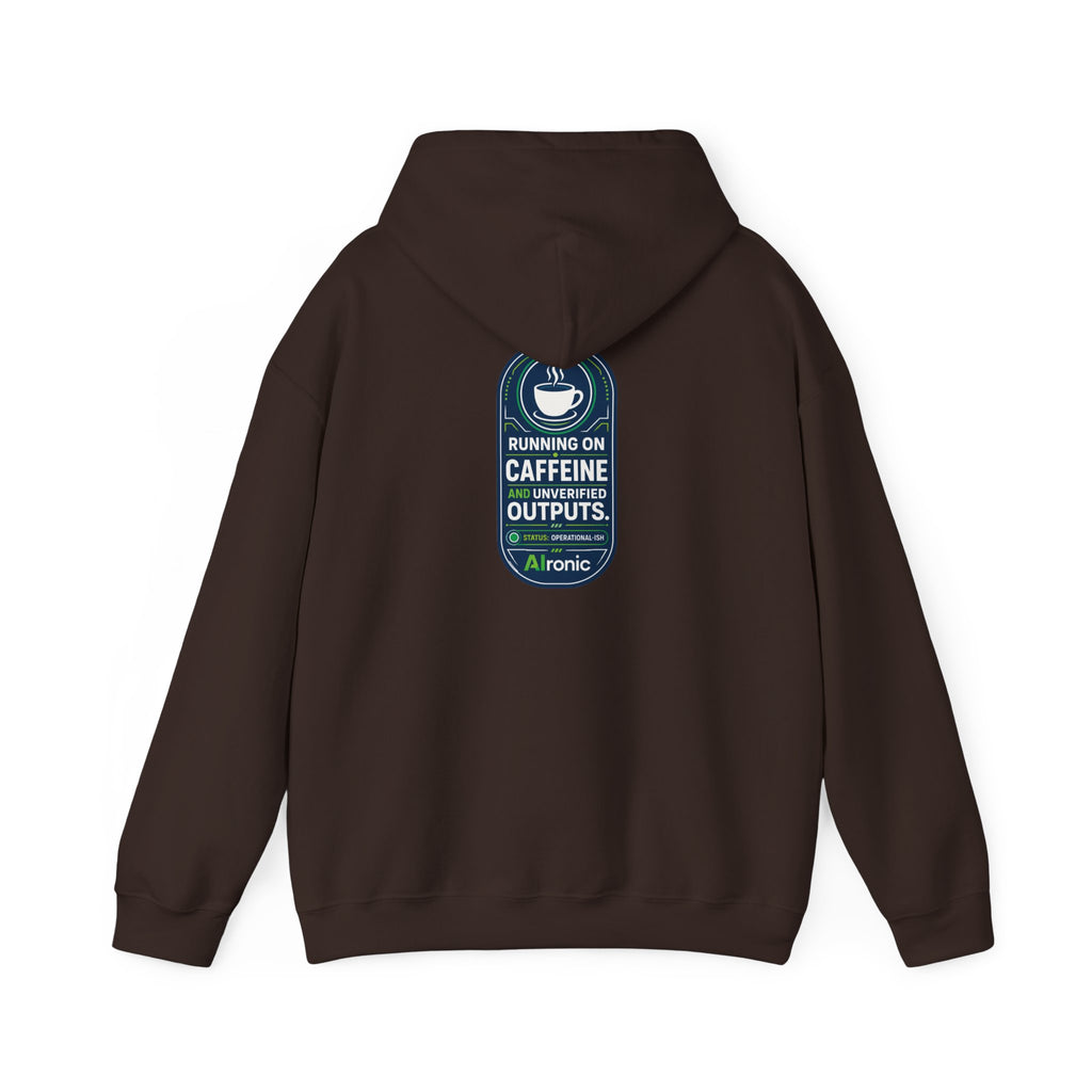 Hoodie featuring “Running on Caffeine, Unrivaled Outputs” AI humor design by AIronic, gallery view 28