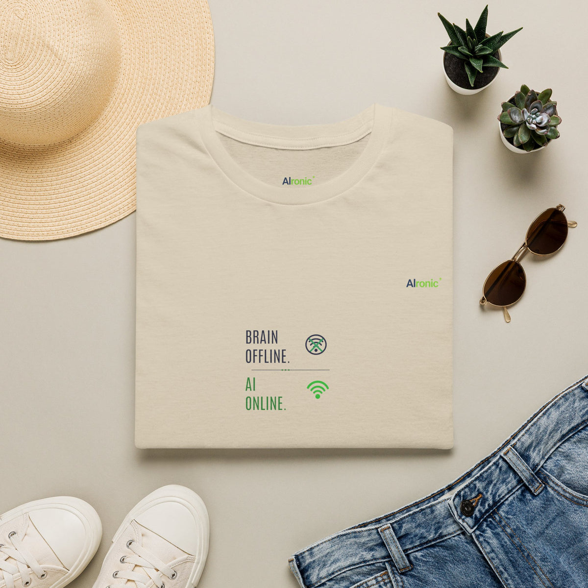Sand T-Shirt featuring "Brain Offline, AI Online" AI humor design by AIronic, gallery view 3
