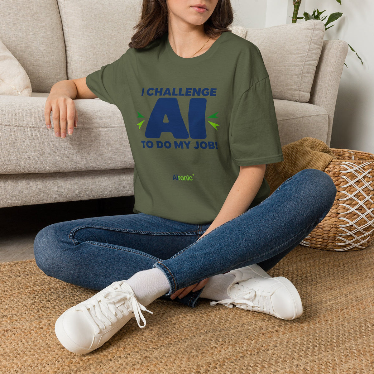 T-shirt featuring "I Challenge AI to Do My Job" by AIronic, product view 28