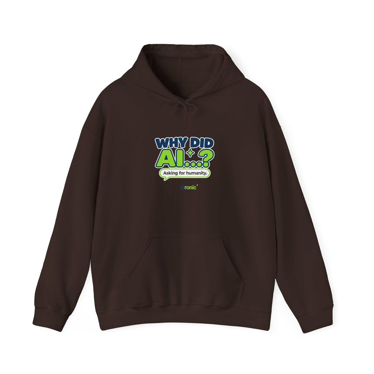 Dark Chocolate hoodie featuring “Why did AI...?” AI humor design by AIronic, catalog view 1
