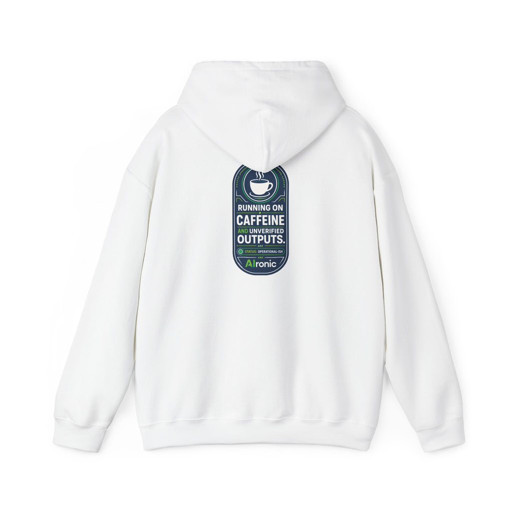 Hoodie featuring “Running on Caffeine, Unrivaled Outputs” AI humor design by AIronic, gallery view 13