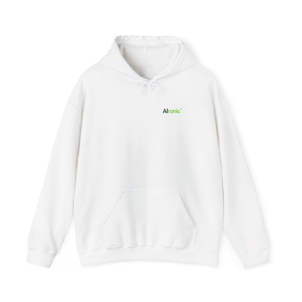 White hoodie featuring minimal “AI created this shirt” AI humor design by AIronic, catalog view 2