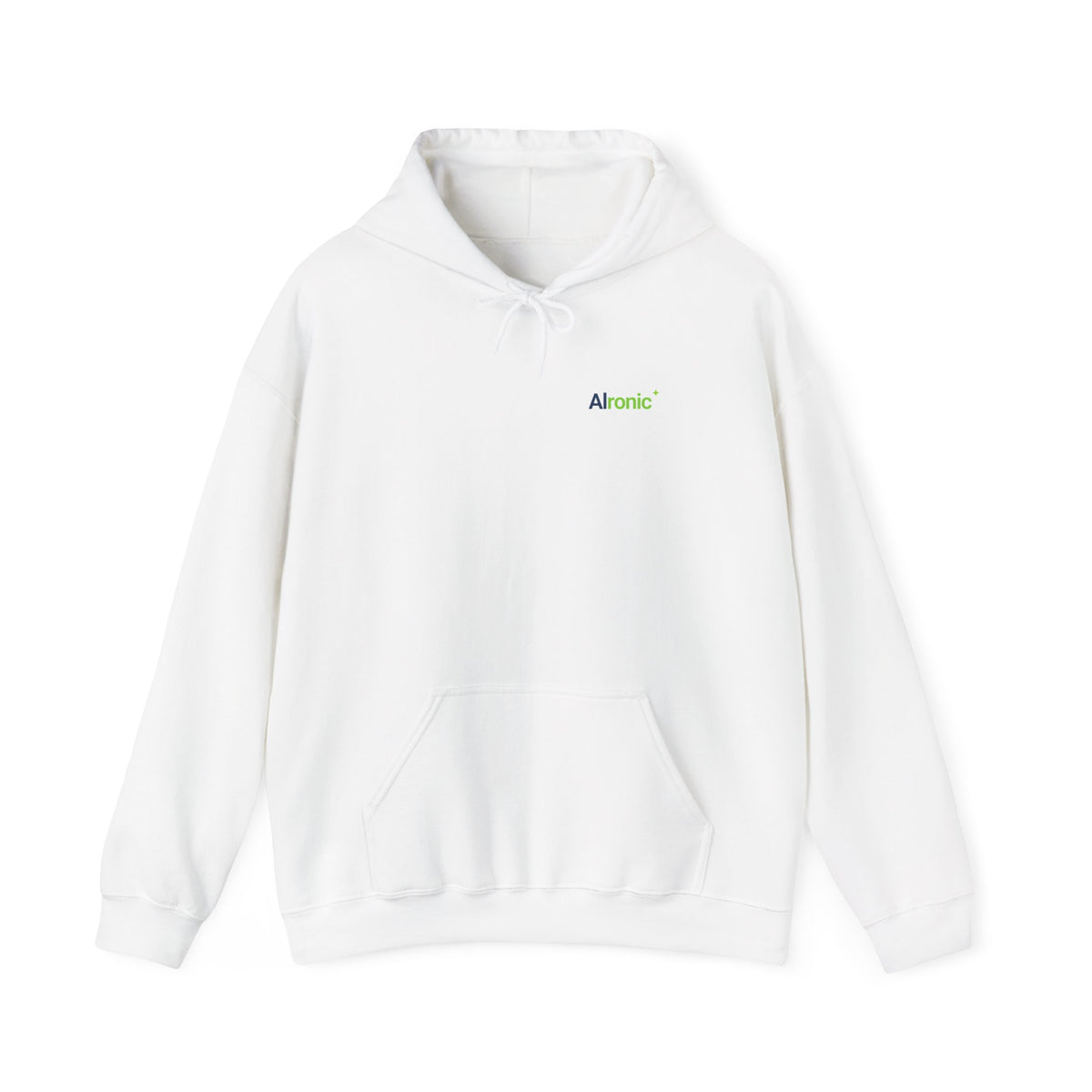 White hoodie featuring minimal “AI created this shirt” AI humor design by AIronic, catalog view 2