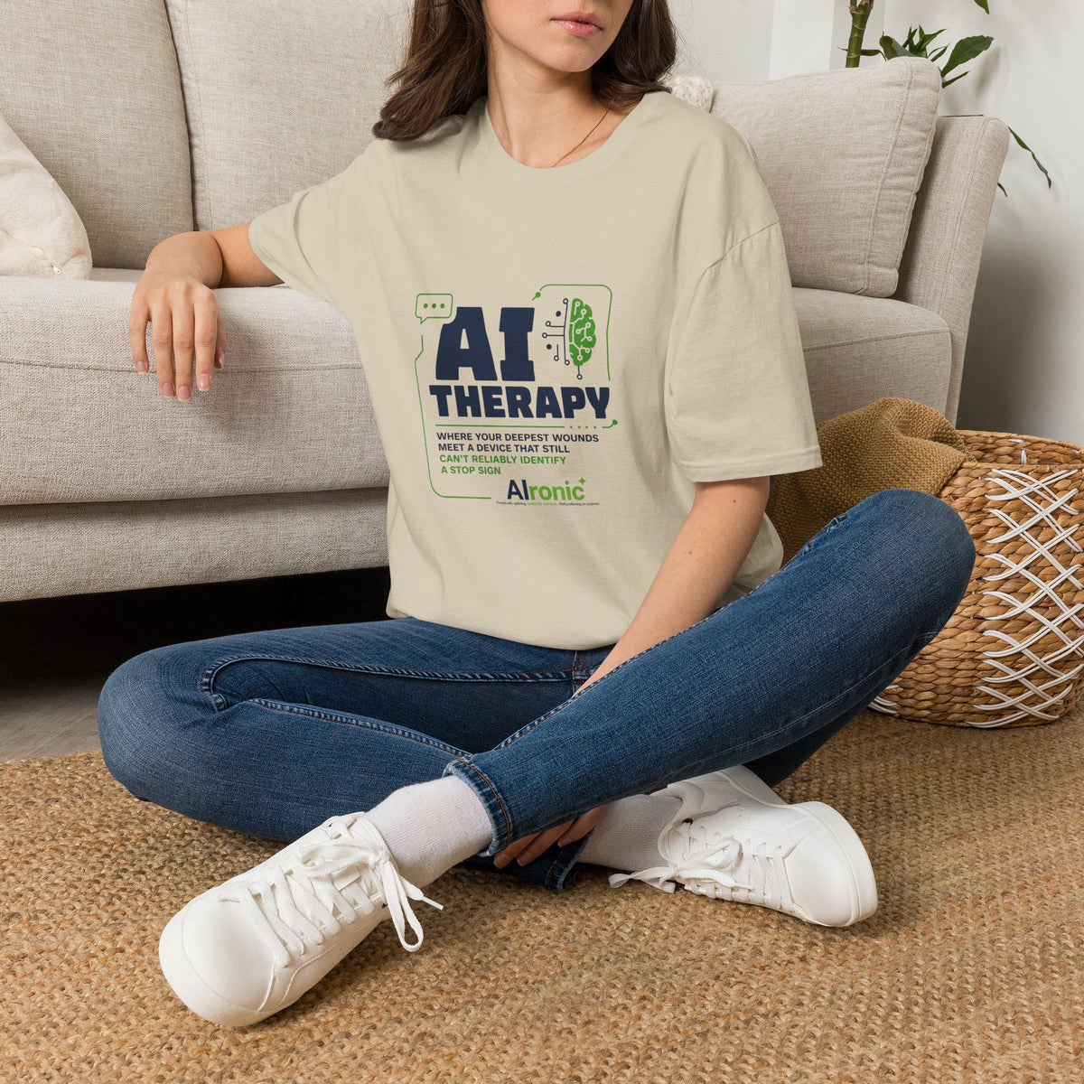T-Shirt featuring "AI Therapy" AI humor design by AIronic, gallery view 19