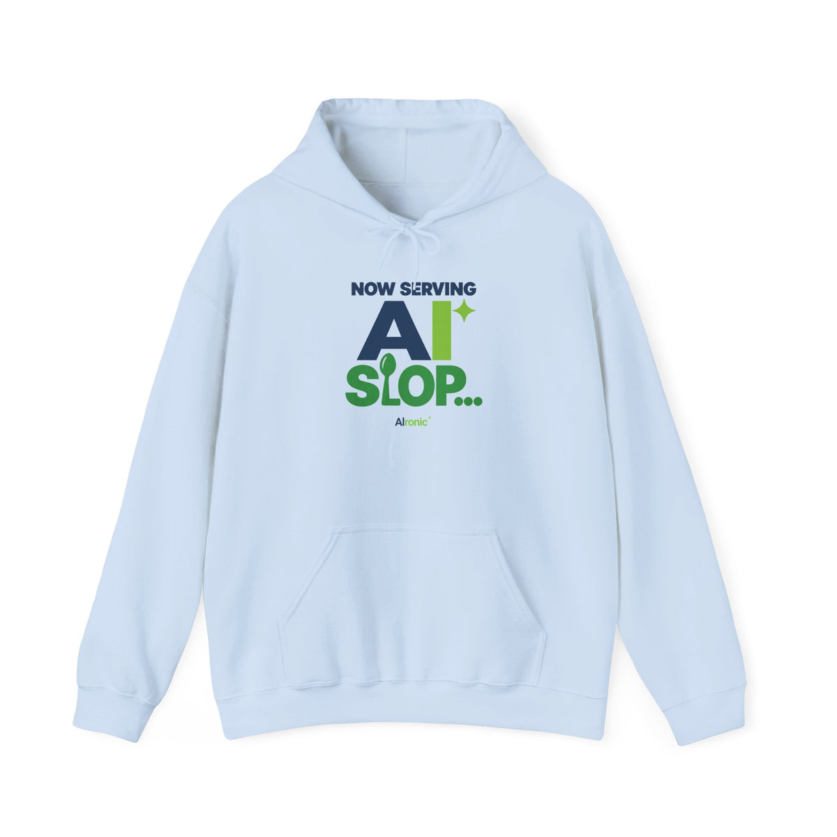 AIronic hoodie featuring "Now Serving AI Slop" AI humor design, gallery view 8