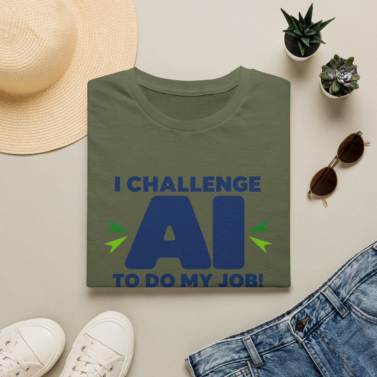 Military Green T-shirt featuring "I Challenge AI to Do My Job" by AIronic, product view 6