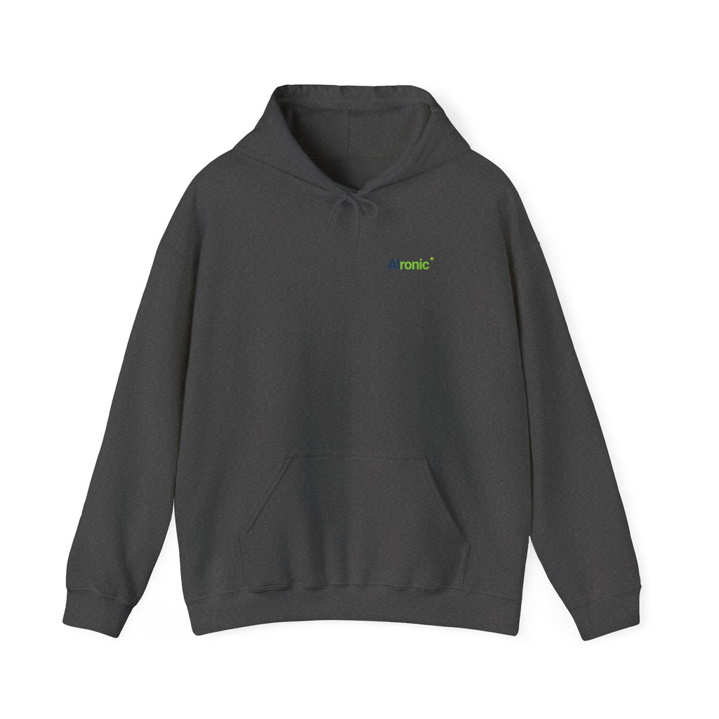 Dark Heather hoodie featuring minimal “AI created this shirt” AI humor design by AIronic, catalog view 1