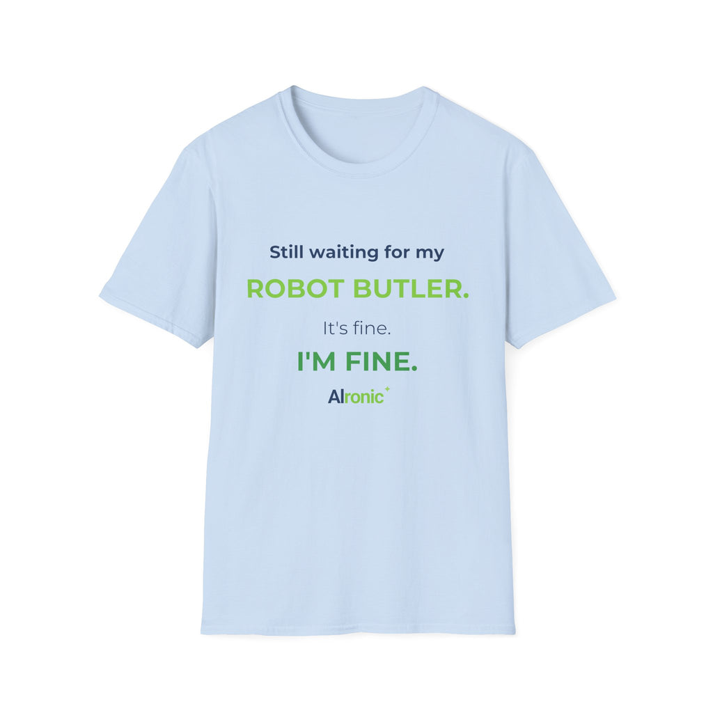 Dark Heather T-shirt featuring “Still waiting for my robot butler” AI humor design by AIronic, catalog view 4