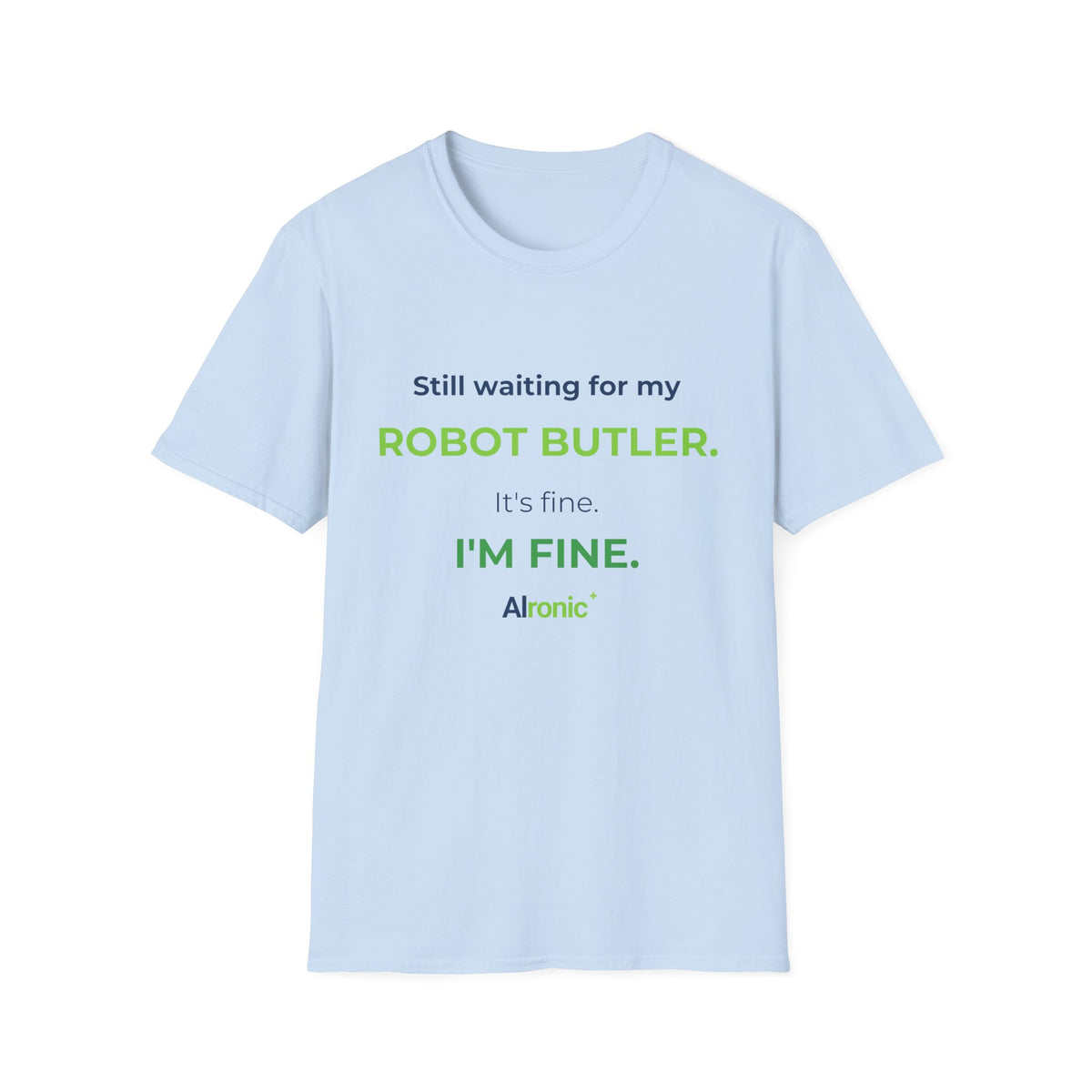 Dark Heather T-shirt featuring “Still waiting for my robot butler” AI humor design by AIronic, catalog view 4