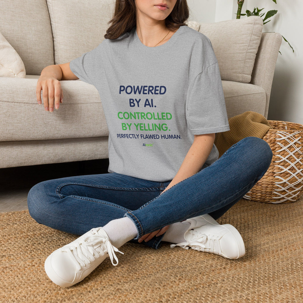 Sport Grey T-Shirt featuring "T-Shirt — "Powered by AI. Controlled by Yelling."…" AI humor design by AIronic, gallery view 3