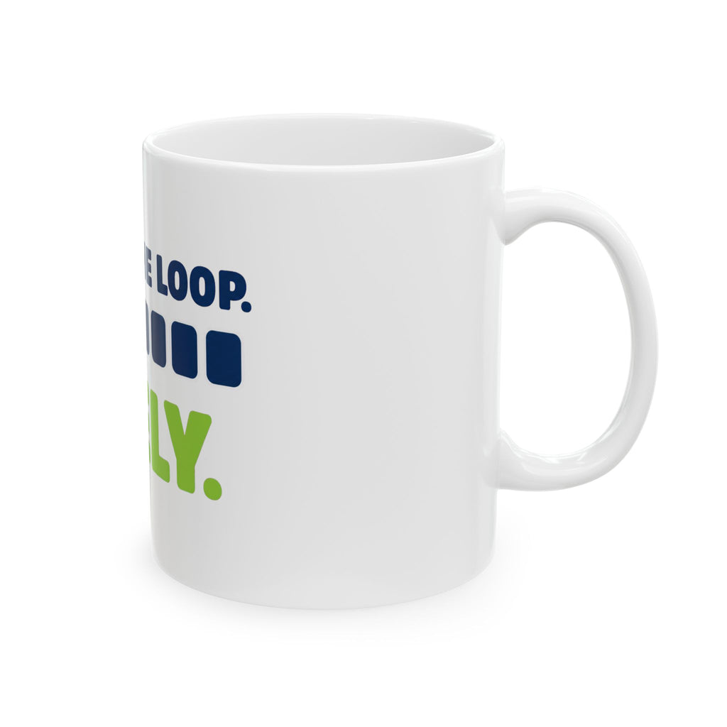Mug featuring "Human in the Loop. Barely." AI humor design by AIronic, gallery view 5
