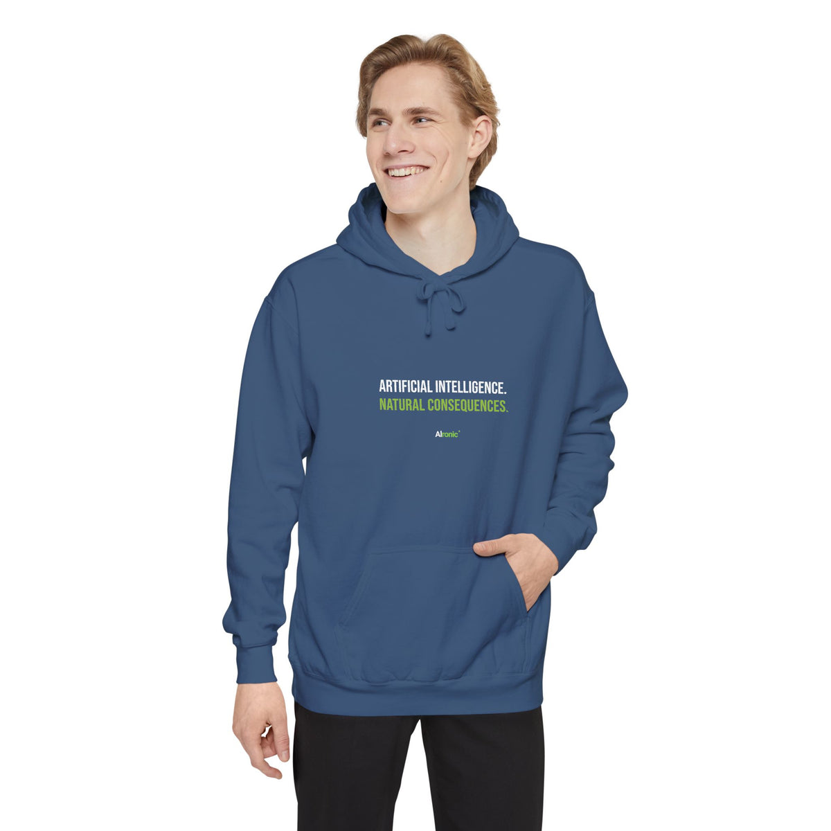 Grey hoodie featuring “Artificial intelligence. Natural consequences.” AI humor design by AIronic, catalog view 2
