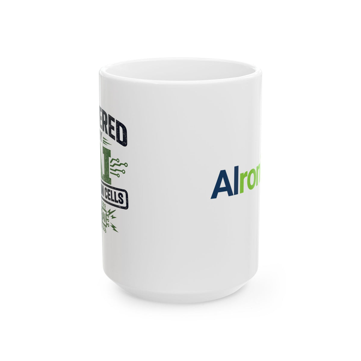 Mug featuring "Powered by AI" AI humor design by AIronic, gallery view 2
