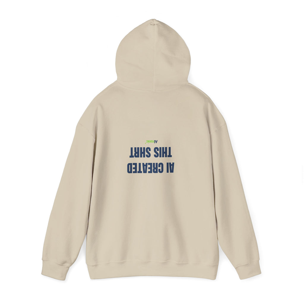 Light Blue hoodie featuring minimal “AI created this shirt” AI humor design by AIronic, catalog view 2