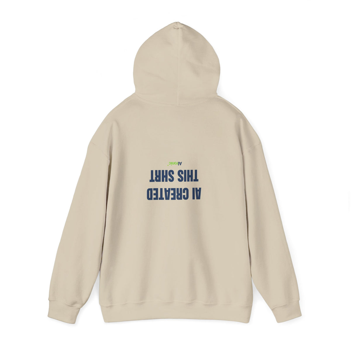 Light Blue hoodie featuring minimal “AI created this shirt” AI humor design by AIronic, catalog view 2