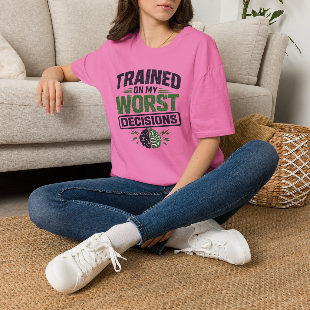 T-Shirt featuring "Trained on My Worst Decisions Fitness" AI humor design by AIronic, gallery view 40