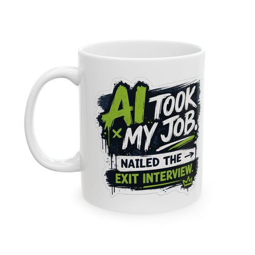 Mug featuring "AI Took My Job, Nailed Exit Interview" AI humor design by AIronic, gallery view 1