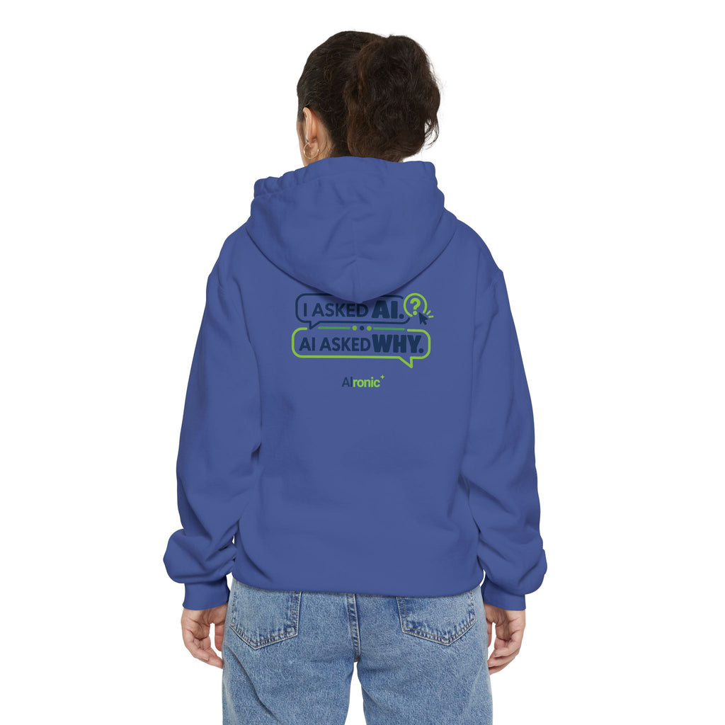 Grey hoodie featuring “I asked AI. AI asked why” AI humor design by AIronic, catalog view 4